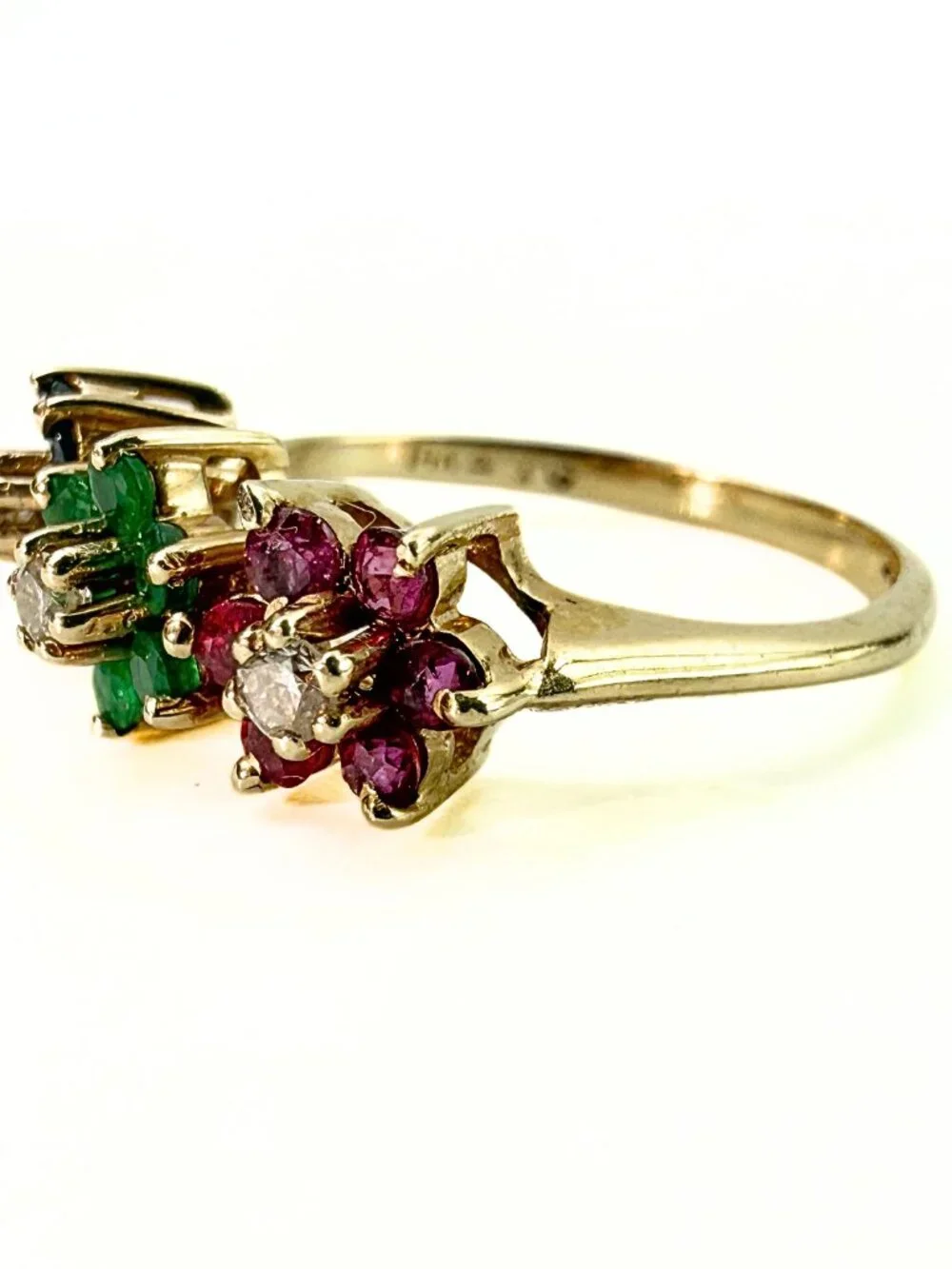 Estate 14K Gold Lab Emerald Diamonds Ruby Sapphire Floral Cluster Ring Sz 5